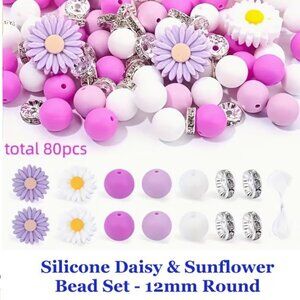 Silicone Daisy & Sunflower Bead Set - 12mm Round  80 Beads